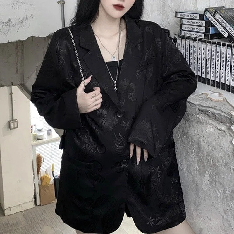 Dark Academia Blazer Women Casual Gothic Vintage Dragon Print Jacket Retro Long Sleeve Thin Loose Blazers Streetwear