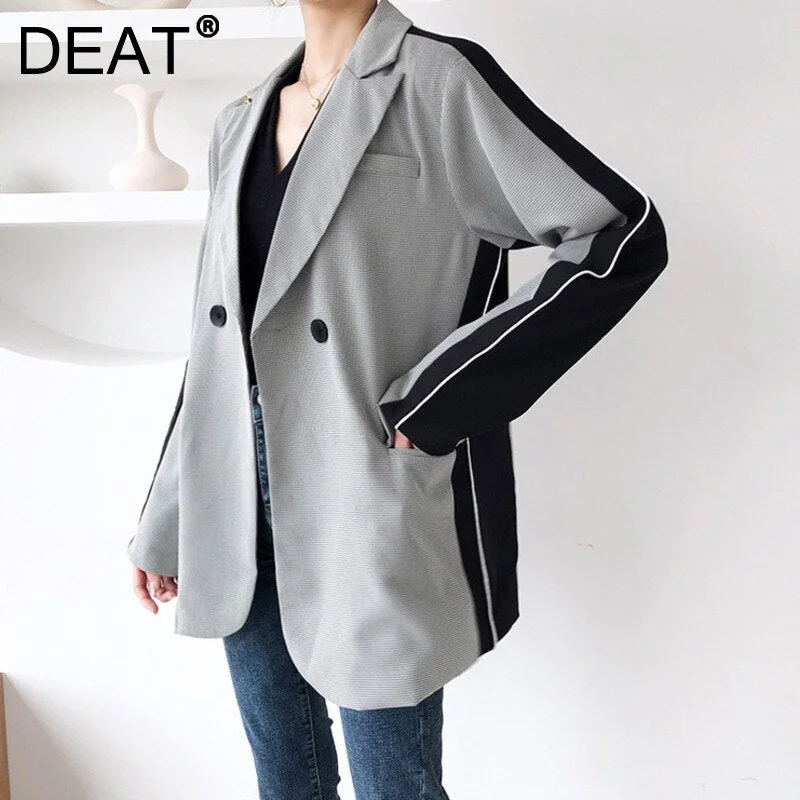 DEAT Woman Blazer Black Back Hit Color White Striped Long Sleeve Notched Casual Style Jacket 2022 Autumn Korean 15XM390