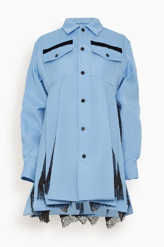 Double Faced Silk Cotton Shirt Dress in Blue Long Sleeve Shirt Dress