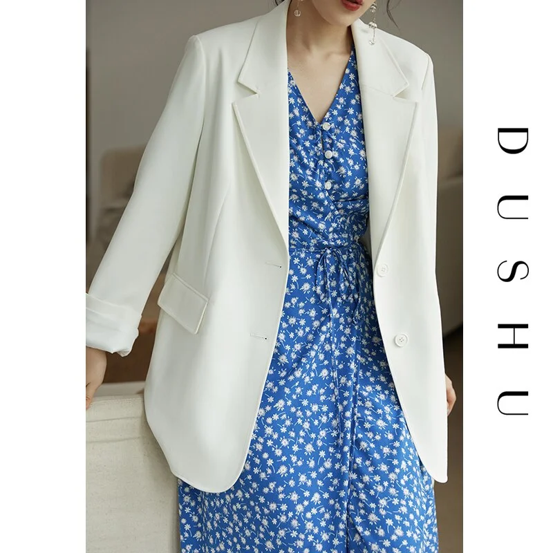 DUSHU Loose Office Lady Casual Black Blazer Women Oversized Autumn Winter White Blazer Female Vintage Double Breasted Jacket