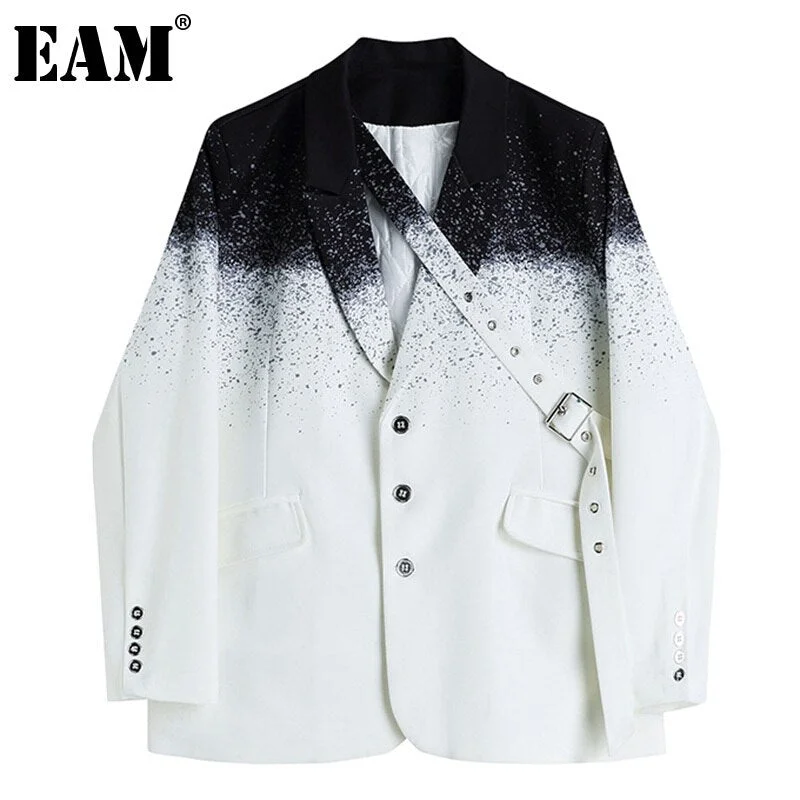 [EAM]  Women Casual Gradient Spliced Belt Blazer Lapel Long Sleeve Loose Fit Jacket Tide Spring Autumn 2022 1DD8788