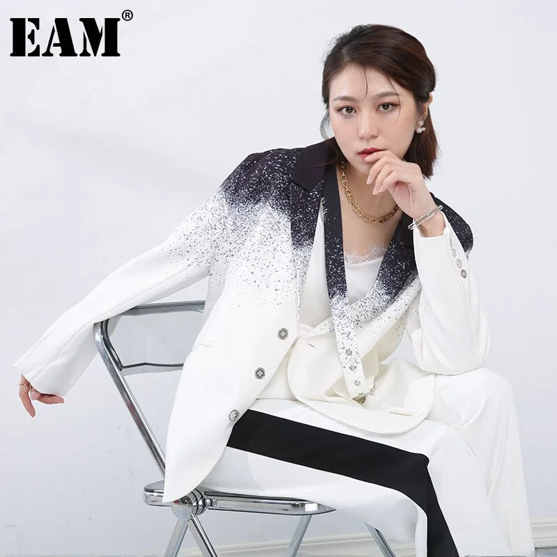 [EAM]  Women Casual Gradient White Belt Blazer Lapel Long Sleeve Loose Fit Jacket Tide Spring Autumn 2022 1DD878800