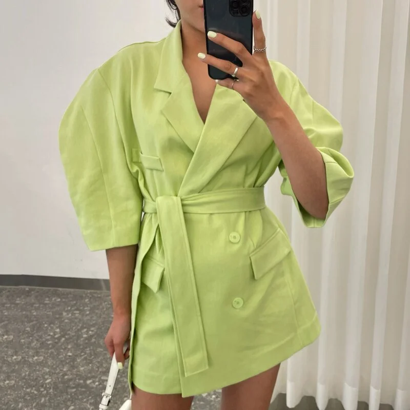 [EWQ] Korea Chic Summer Casual Blazer Lapel Double-breasted Lace-up Puff Sleeve Green Loose Suit Jacket Women 2022 6E358