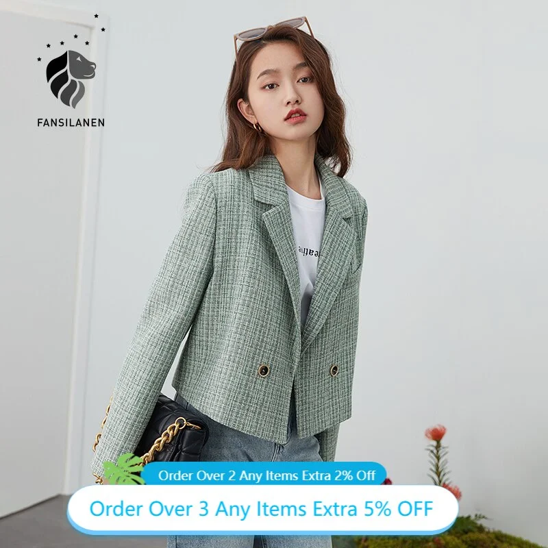 FANSILANEN Green Tweed Plaid Short Blazer Women Elegant Office Oversized Blazer Jacket Female Casual Streetwear Spring Coat 2022