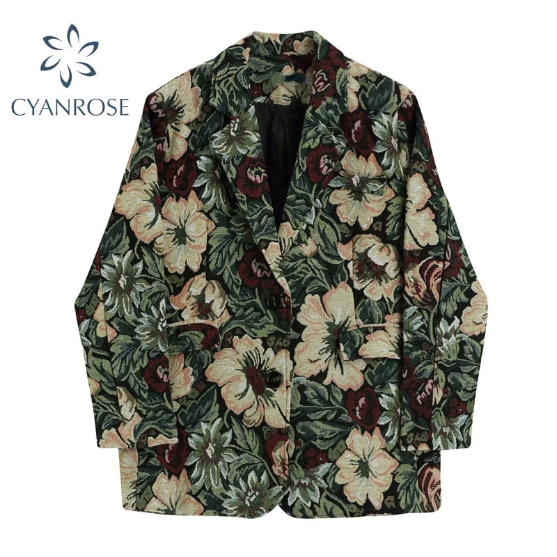 Floral Print Vintage Blazer Women 2022 Autumn Winter Korean Loose Casual Coat Long Sleeves Pocket Outwear Female Jacket