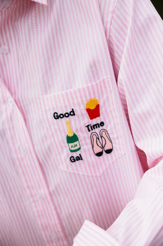 Good Time Gal Shirtdress – Pink Stripe FINAL SALE Button Detail Shirt