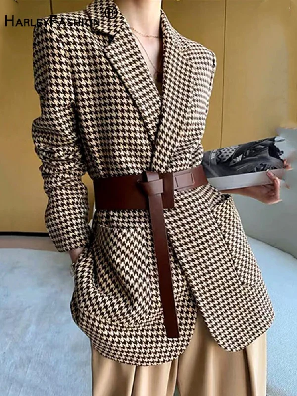 HARLEYFASHIION Casual Temperament Light Ripe Wind Plaid Suit Jacket Women Notched Single Breasted With Sashes Fshion Blazer