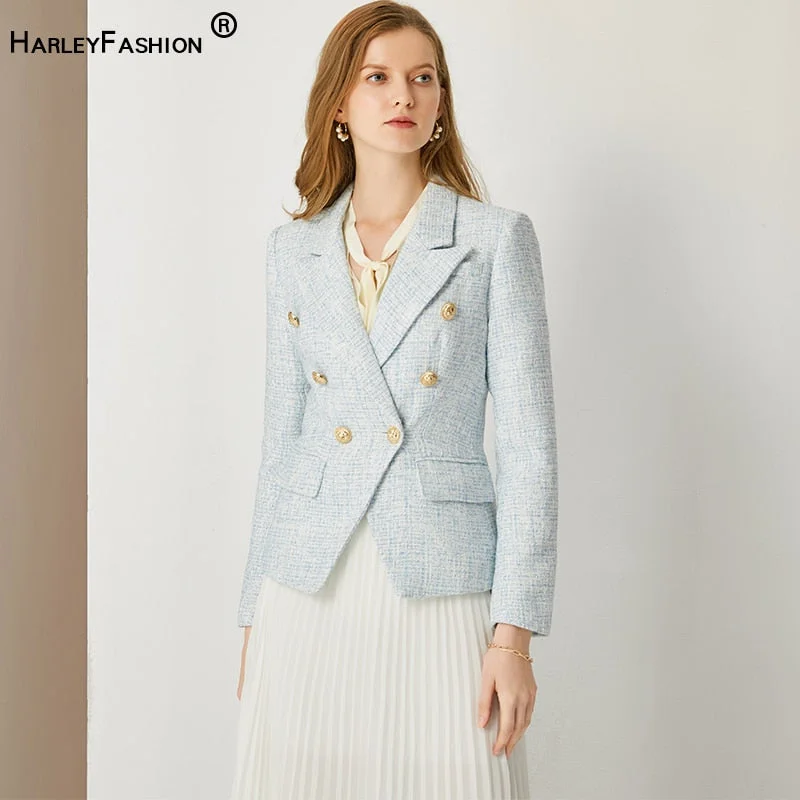 HarleyWomen Autumn Winter Warm Weave Tweed Blazer Plaid Pattern  Casual Slim Fitness Light Blue Jackets