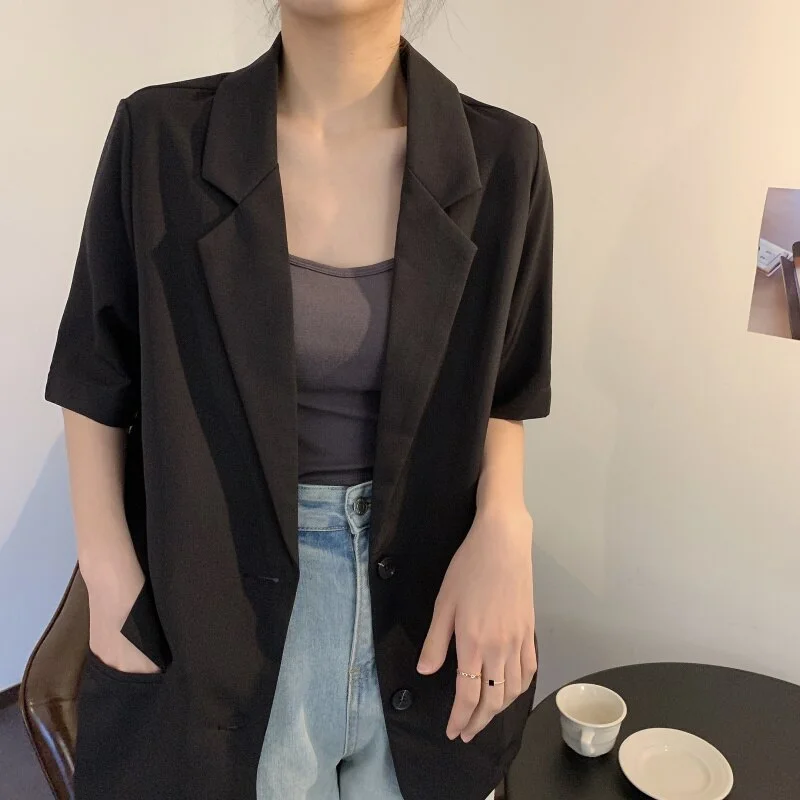 HziriP Black Summer Solid Chic Thin Loose 2022 Party Outwear Jackets Prom Gentle Casual Femme Oversize  Blazers