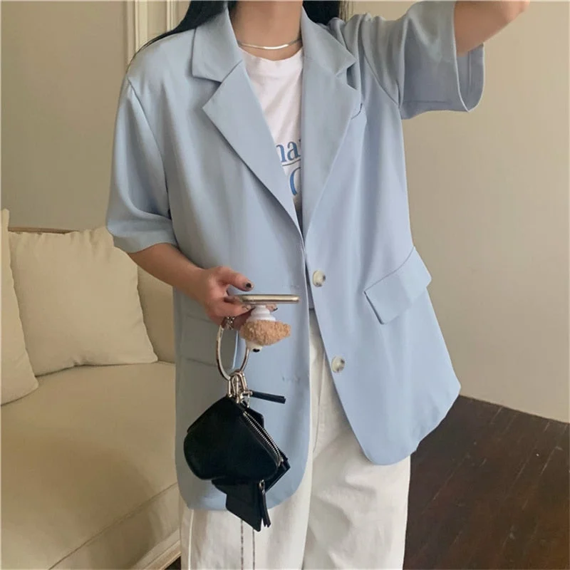 HziriP  Short Sleeve Blazer Jackets Casual Elegant 2022 Femme Retro Tops Vintage OL Outwear All Match Coats