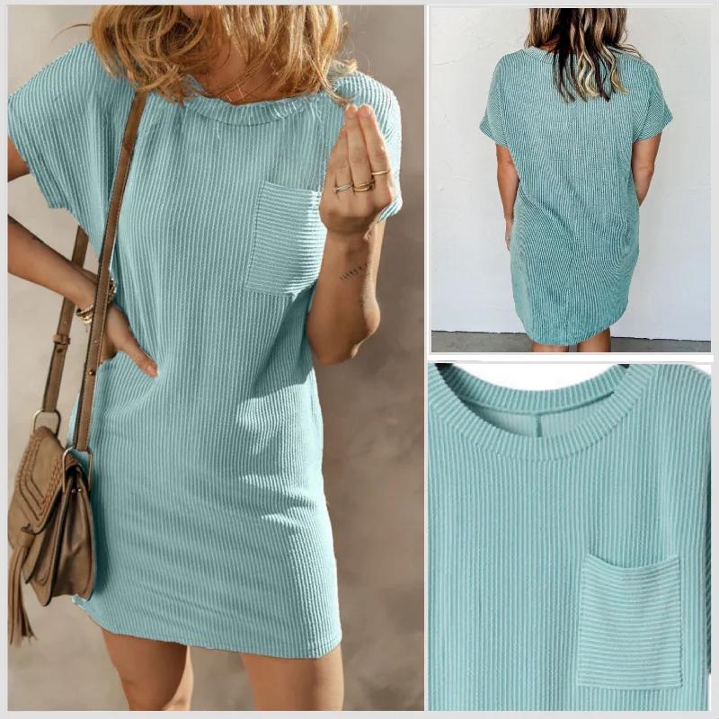 In Stock! Turquoise Striped Ribbed Knit Tee Shirt Dress White Linen Shirt