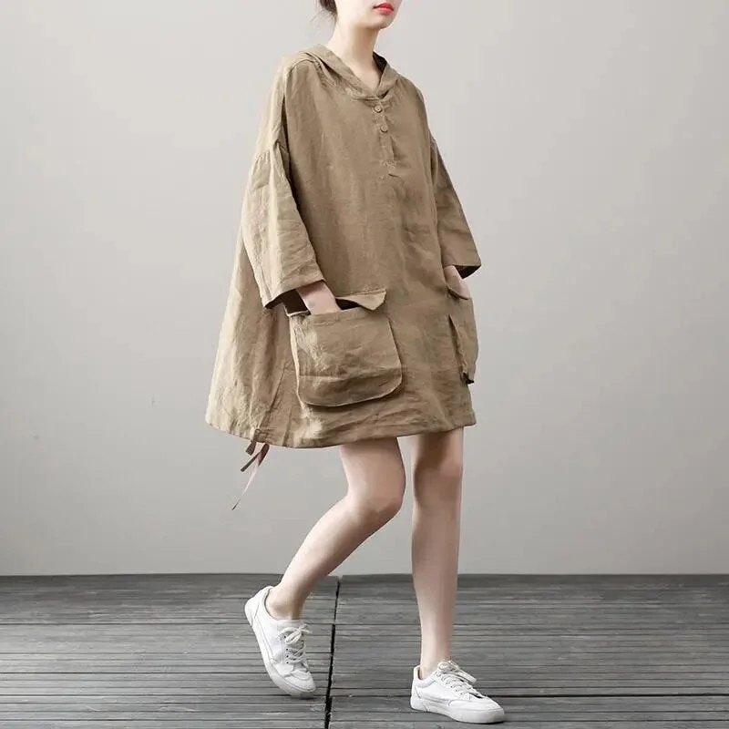 Johnature Women Hooded Pullover Dresses Loose Patchwork Pockets Button 2022 Spring Seven Sleeve Casual Linen Shirt Dresses Belted Shirt Dress