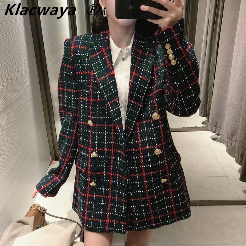 Klacwaya Za 2022 Black Plaid Blazer Woman Spring Jacket Female Office Casual Long Sleeve Double Breasted Checked Blazer Coat