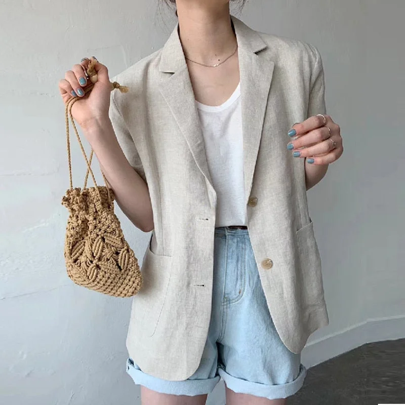 Korean Cotton Linen Casual Short Blazer Jackets Women Loose Short Blazer Coat Solid Vintage Elegant Outwear Chic 2022