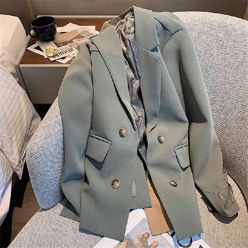 Loose Solid Blazer Office Ladies Women Korea Autumn Jacket Casual Pockets Female Suits Coat Outerwear