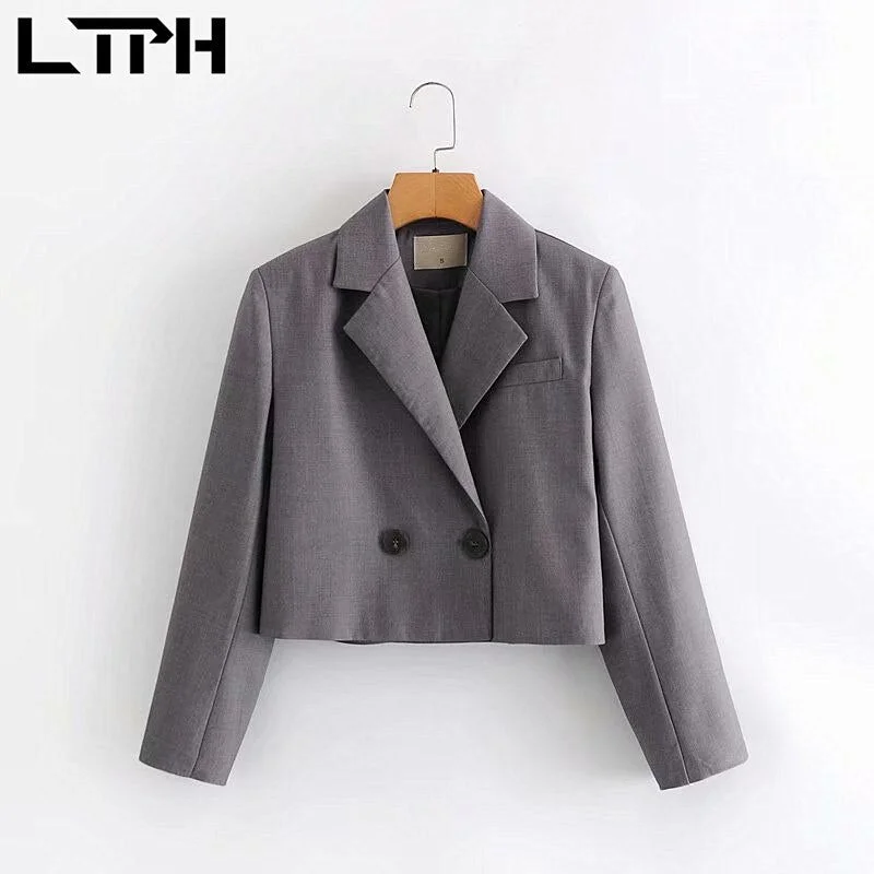 LTPH texture gray cropped blazer women simple casual long sleeve Jackets double breasted elegant Lady Suit Coat 2022 autumn new