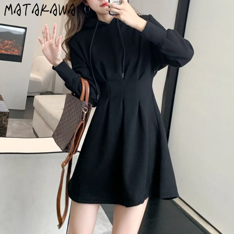 Matakawa Hooded Sweatshirt Dress Office Lady Elegant Slim Waist Pleated Vestidos Solid All-match Plus Velet Casual Dresses Women Loose Shirt Dress