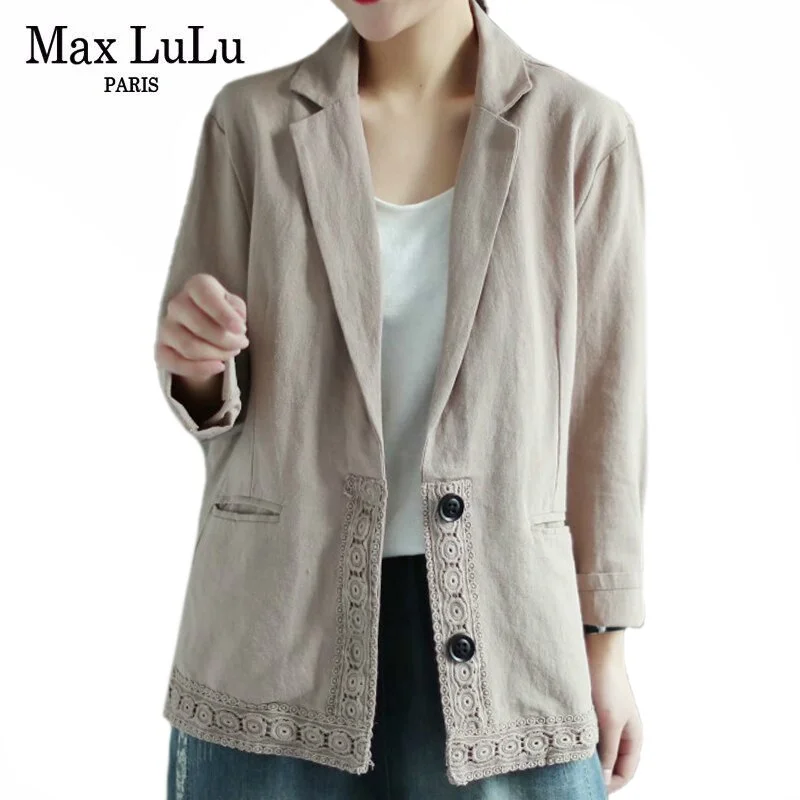 Max LuLu Chinese Spring Clothing Laides Vintage Linen Blazer Womens Casual Loose Lace Jackets Oversized Streetwear