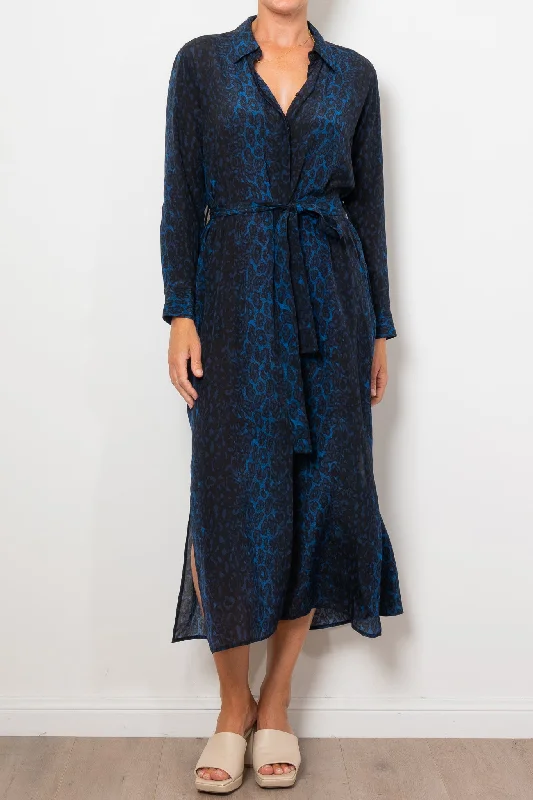 Mela Purdie Tie Shirt Dress Sapphire Leopard Silk Print Plaid Shirt Dress