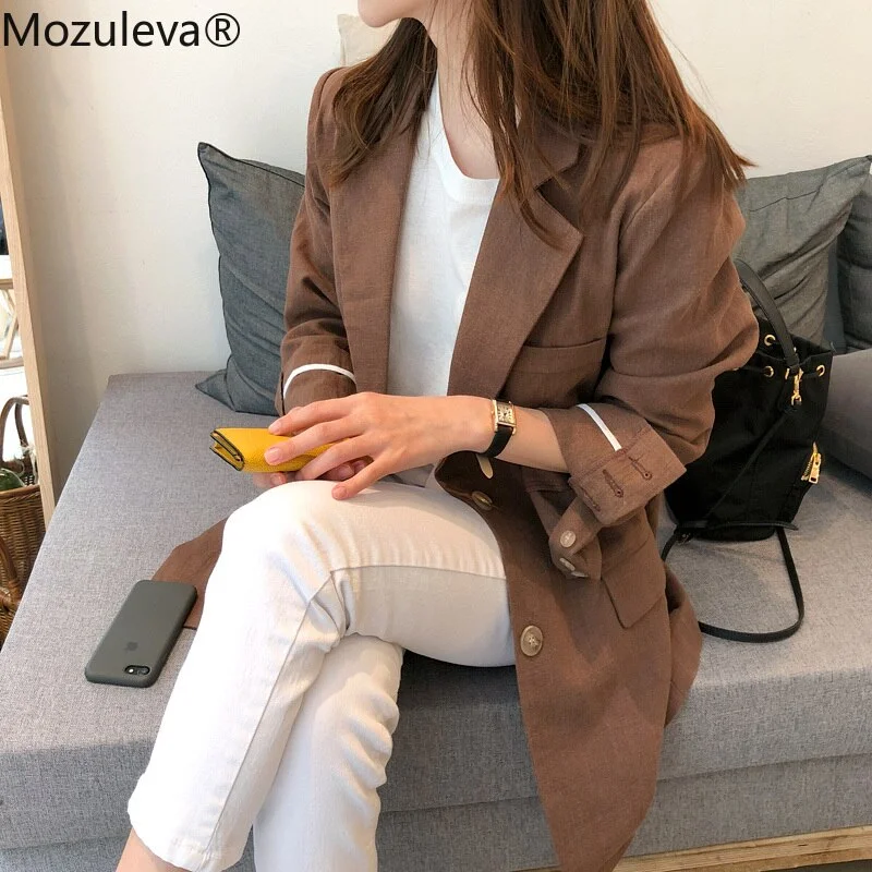 Mozuleva Women Cotton and Linen Suit Blazers 2022 Summer Casual Loose One Button Notched Vintage Pockets Blasic Jacket Tops