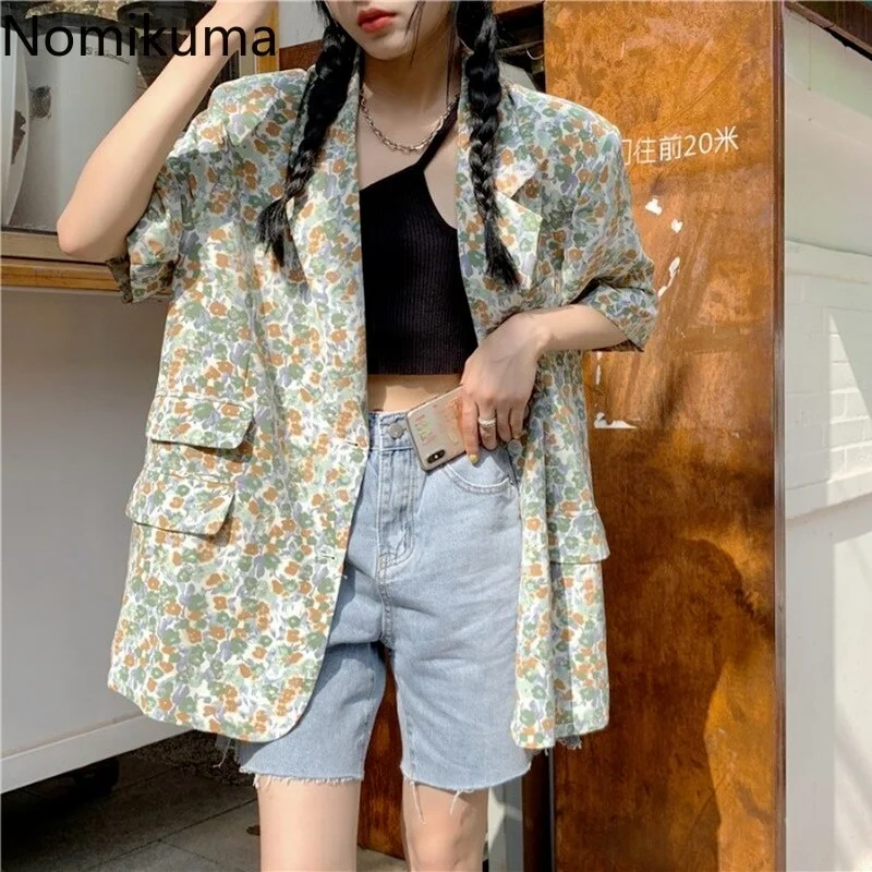 Nomikuma Floral Printed Vintage Blazer Women Notched Collar Short Sleeve Casual Jackets Single Breasted Loose Tops Ropa Mujer