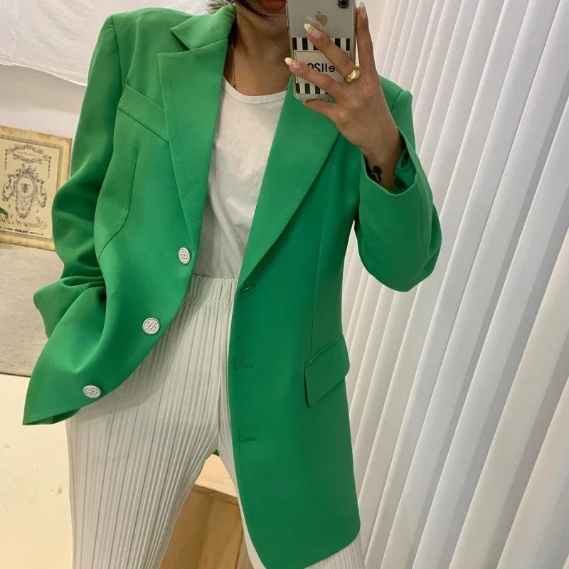 Office Ladies Notched Collar Green Women Blazer Single-Breasted Autumn Jacket 2022 Casual Female Suits Coat