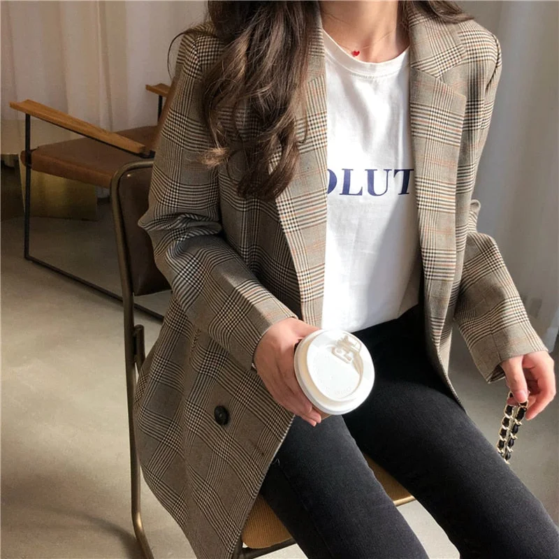 Office Ladies Notched Collar Plaid Women Blazer Double Breasted Autumn Jacket 2022 Casual Pockets Female Suits Coat