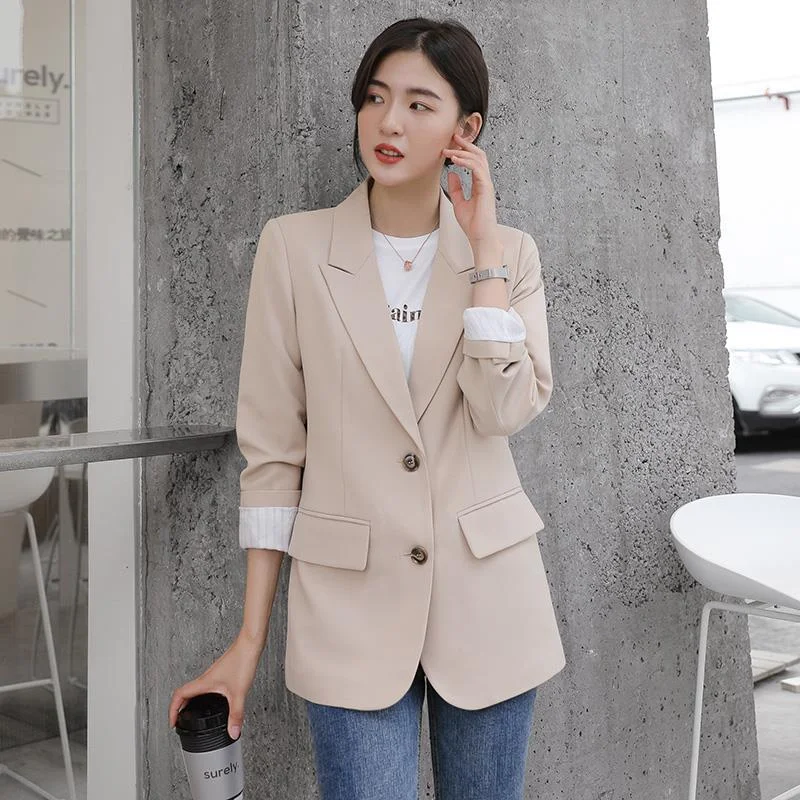 Peonfly 2022 Autumn Blazer Jacket Women Casual Korean Pockets Long Sleeve Coat Office Ladies Solid Loose Blazer