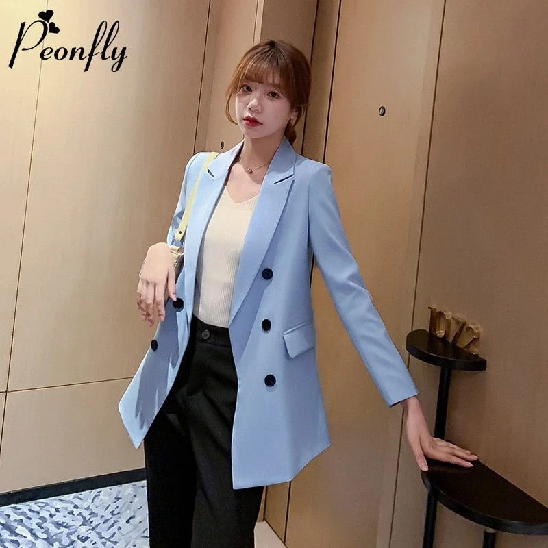 PEONFLY 2022 Spring Casual Double Breasted Women Jackets Notched Collar Blazer Female Outerwear Elegant Ladies Coat Blue