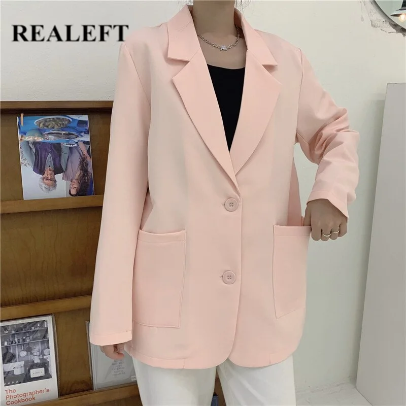 REALEFT 2022 Autumn Loose Pink Women's Blazers Female Formal Single Breasted Jackets Elegant Casual Outerwear Tops Pockets