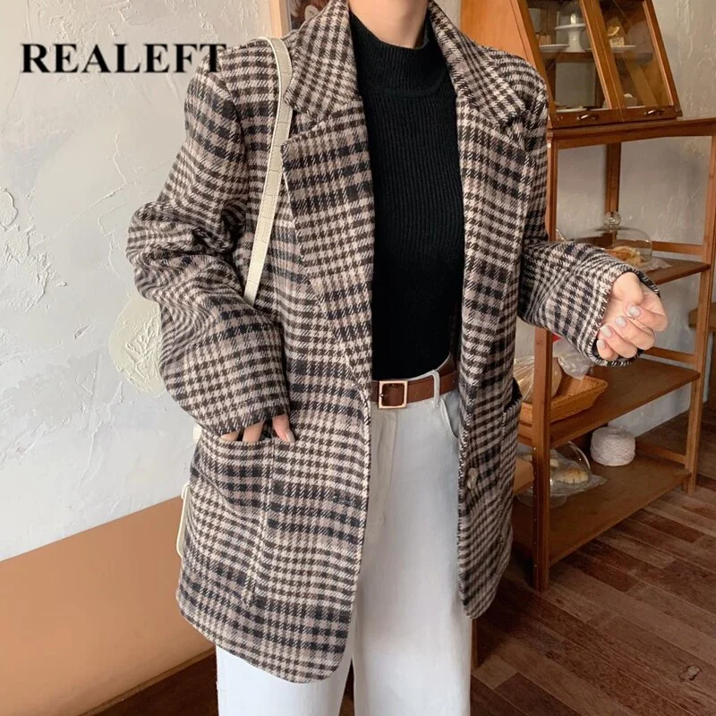 REALEFT 2022 Autumn Winter Classic Plaid Single Breasted Women's Blazers Female Formal Jackets Pockets Casual Outerwear Tops