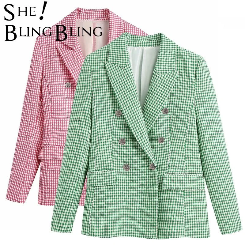 SheBlingBling Green Pink Houndstooth Pattern Women Casual Suit Jacket Spring Autumn Chic Double Breast Slim Office Lady Blazers