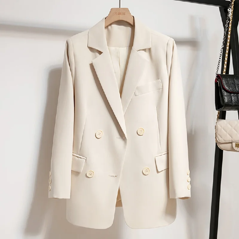 Spring Autumn Korean Style Loose Blazer Women Clothing Casual Double Breasted Office S-XL Black Beige Woman Jacket