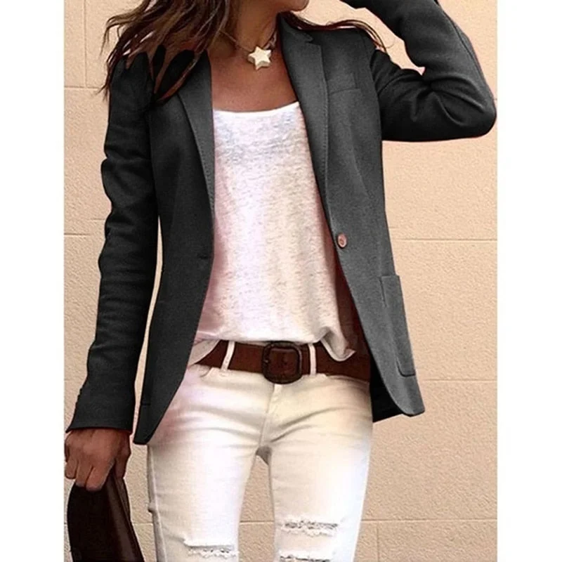 Spring Blazer Jacket Women Casual Pockets Long Sleeve Work Suit Coat Office Lady Solid Slim Blazers 2022