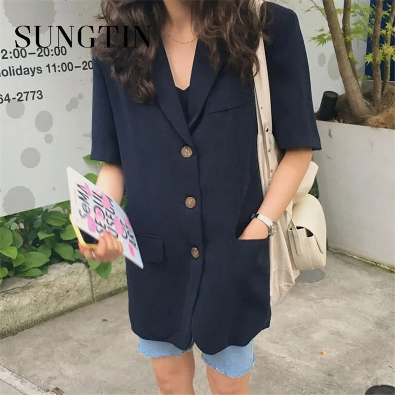 Sungtin Linen Cotton Blouse Blazer Jacket Women Elegant Korean Loose Female Casual Linen Thin Blazer Short Sleeve Streetwear New