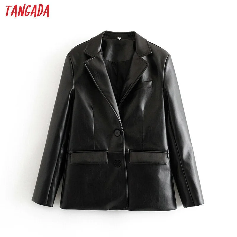 Tangada women vintage black faux leather blazer female long sleeve jacket ladies high street casual blazer suits 6A105