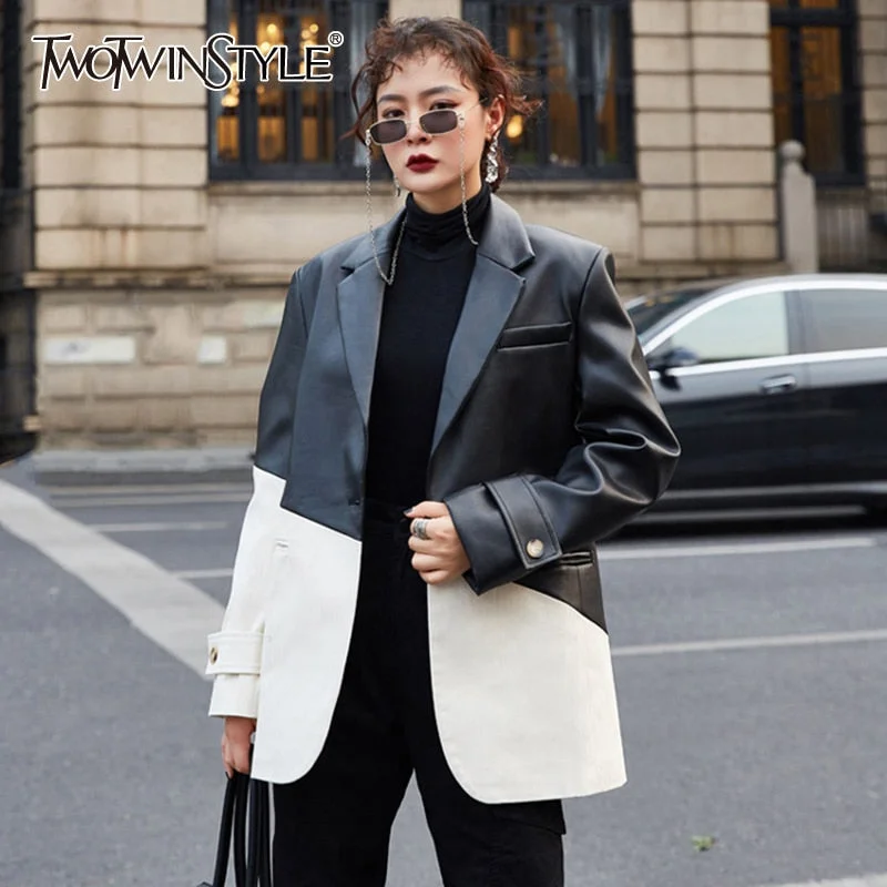 TWOTWINSTYLE Korean Hit Color PU Leather Jacket For Women Notched Long Sleeve Patchwork Casual Blazers Female Fall