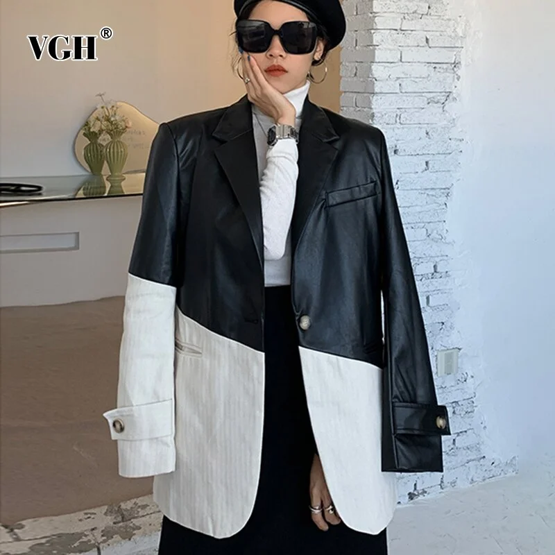 VGH Hit Color Casual Blazer For Women Notched Long Sleeve PU Leather Korean Jackets Female 2022 Spring Clothing Tide