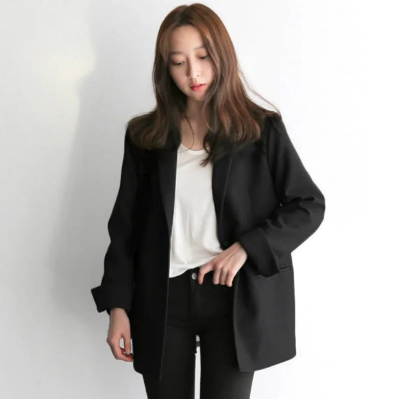 Women Black Suit Blazer Office Jacket Ladies Tailored Oversized Double Buttons Long Loose Coat Formal Casual Autumn 2022