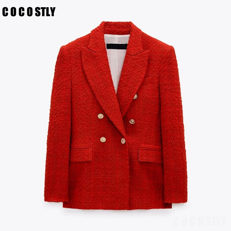 Women Blazer Coat 2022 Tweed Jacket Notched Neck Double Breasted Slim Tweed Blazers Suit Office Lady Casual Business Suit