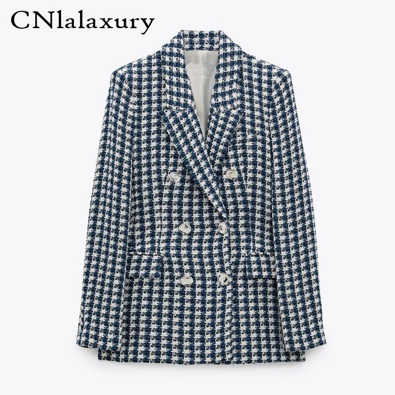 Women Houndstooth Loose Tweed Blazers 2022 Spring-Autumn Ladies Elegant Patchwork Plaid Jackets Casual Female Chic Tops