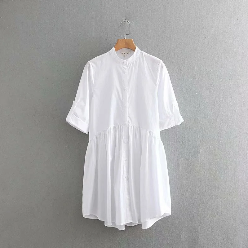 women simply solid color stand collar white shirtdress female roll up sleeve vestidos chic autumn casual pleats dresses DS2829 Denim Shirt Dress