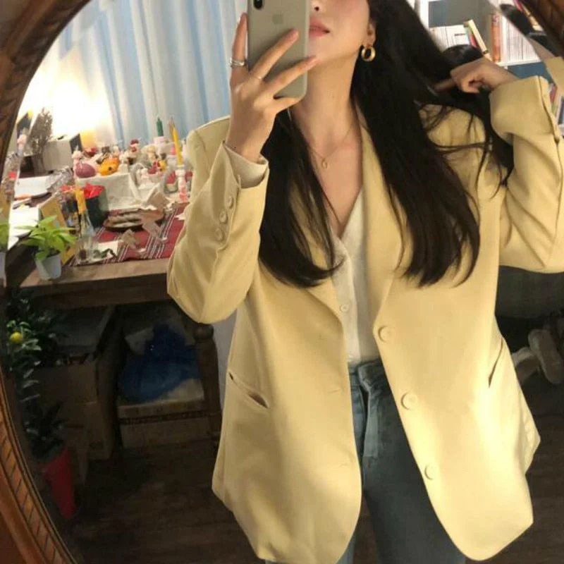 Women Spring Casual Long Blazers Jackets Coat Notched Collar Yellow Chaqueta Mujer Pocket Outerwear Loose Plus Size