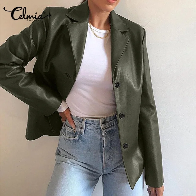 Women's Autumn Winter Long Sleeve Blazers 2022 Celmia Oversized PU Leather Coats Casual Solid Business Suit Collar Jackets