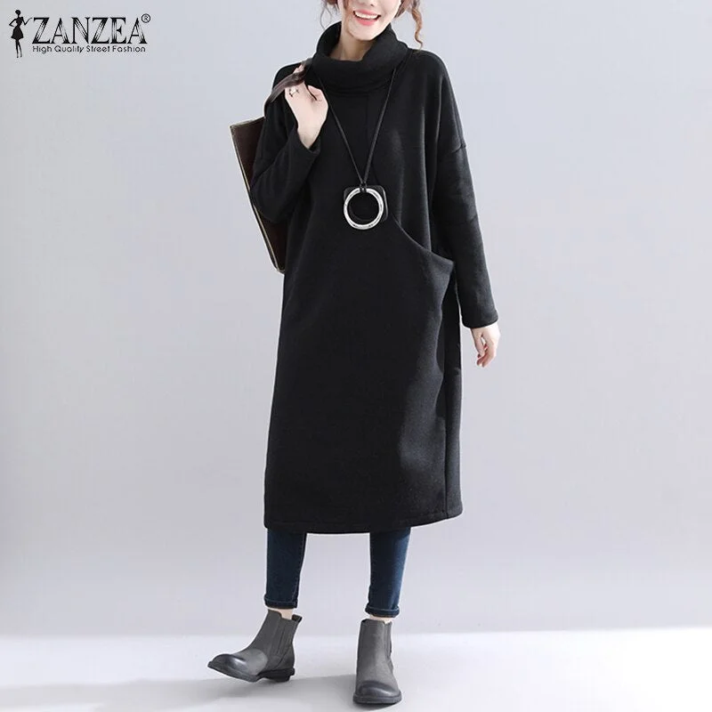 Womens Autumn Winter Sweatshirt Dress Casual Turtleneck Mid Calf Kaftan Female Soft Robe  ZANZEA Solid Side Pockets Vestidos Printed Shirt Dress