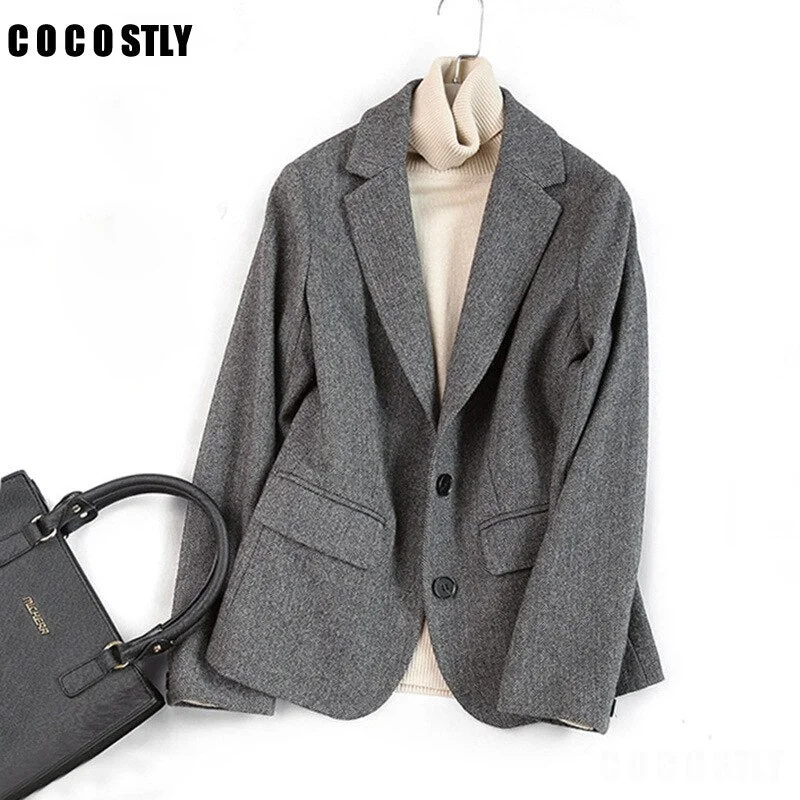 Woolen Blazer women jacket Winter  Vintage British style herringbone casual suit women Grey Blazers women