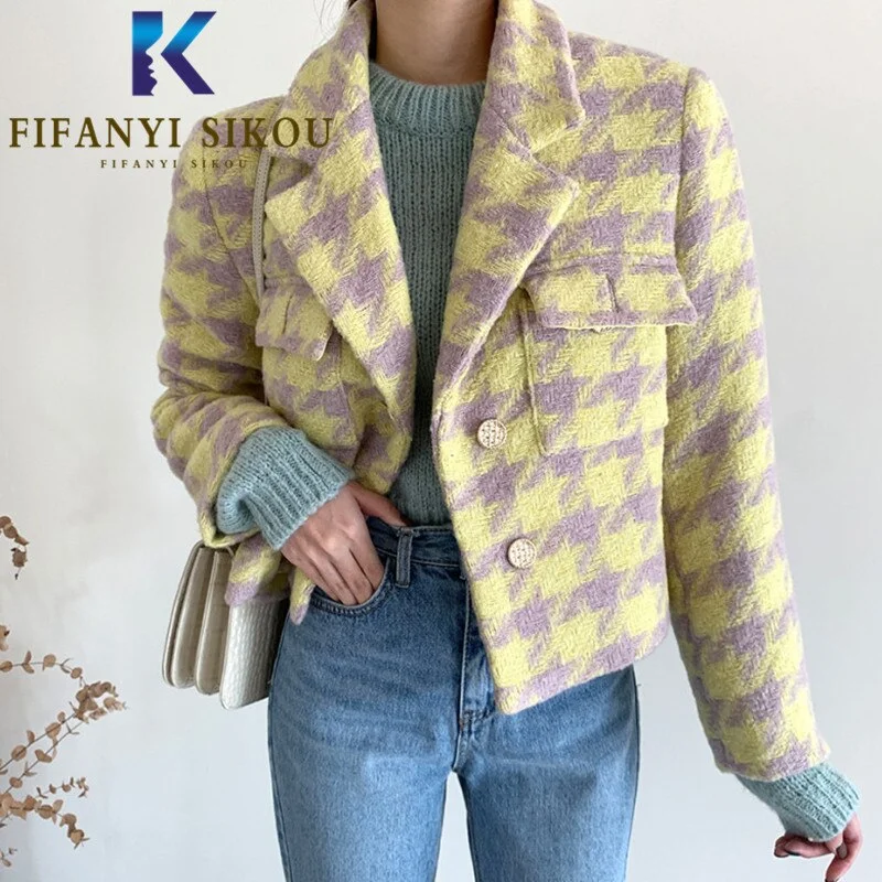 Yellow Plaid Blazer Jacket Women Autumn Winter Thick Warm Single Breasted Lapel Suit Jacket Ladies Casual Blazers Coat