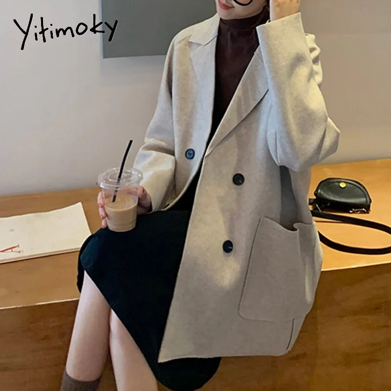 Yitimoky Blazers Woman Jacket Wool Blend Long Coat Casual  2022 Autumn Winter Double Breasted Solid Pockets Korean Style