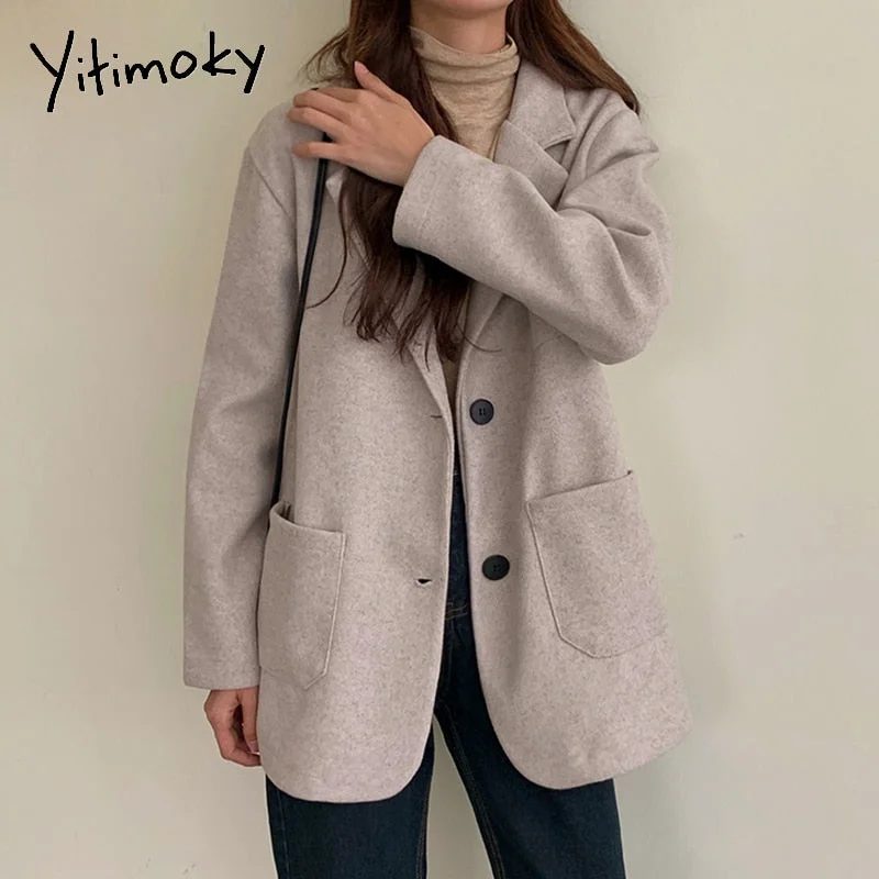 Yitimoky Woman Blazers Casual Jacket Wool Blend Long Coat 2022 Autumn Winter Single Breasted Solid Pockets Korean Style