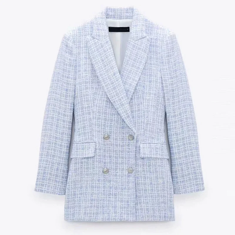 ZAAHO2022 Spring Autumn Women Vintage Plaid Tweed Blazer Coat Chic Button Office Lady Suit Jacket Casual Outwear Tops Female